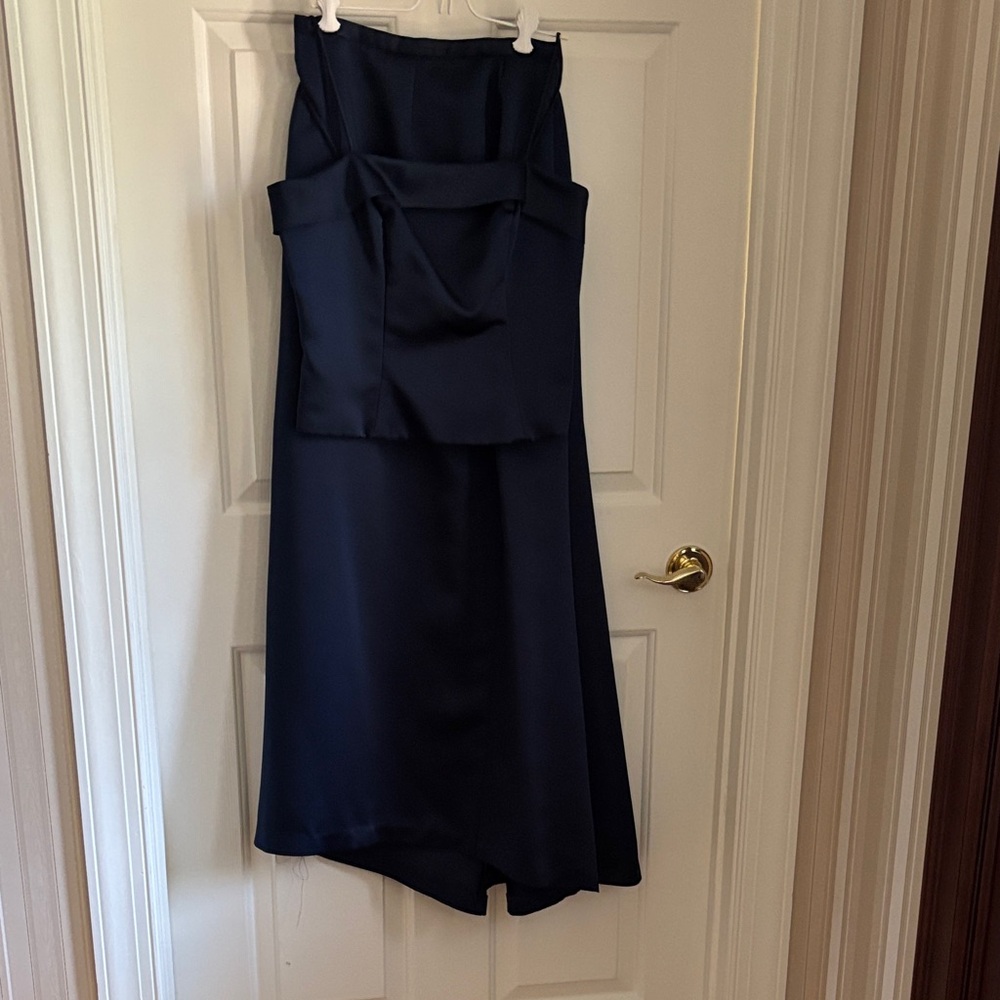 Navy Satin Strapless Prom Dress